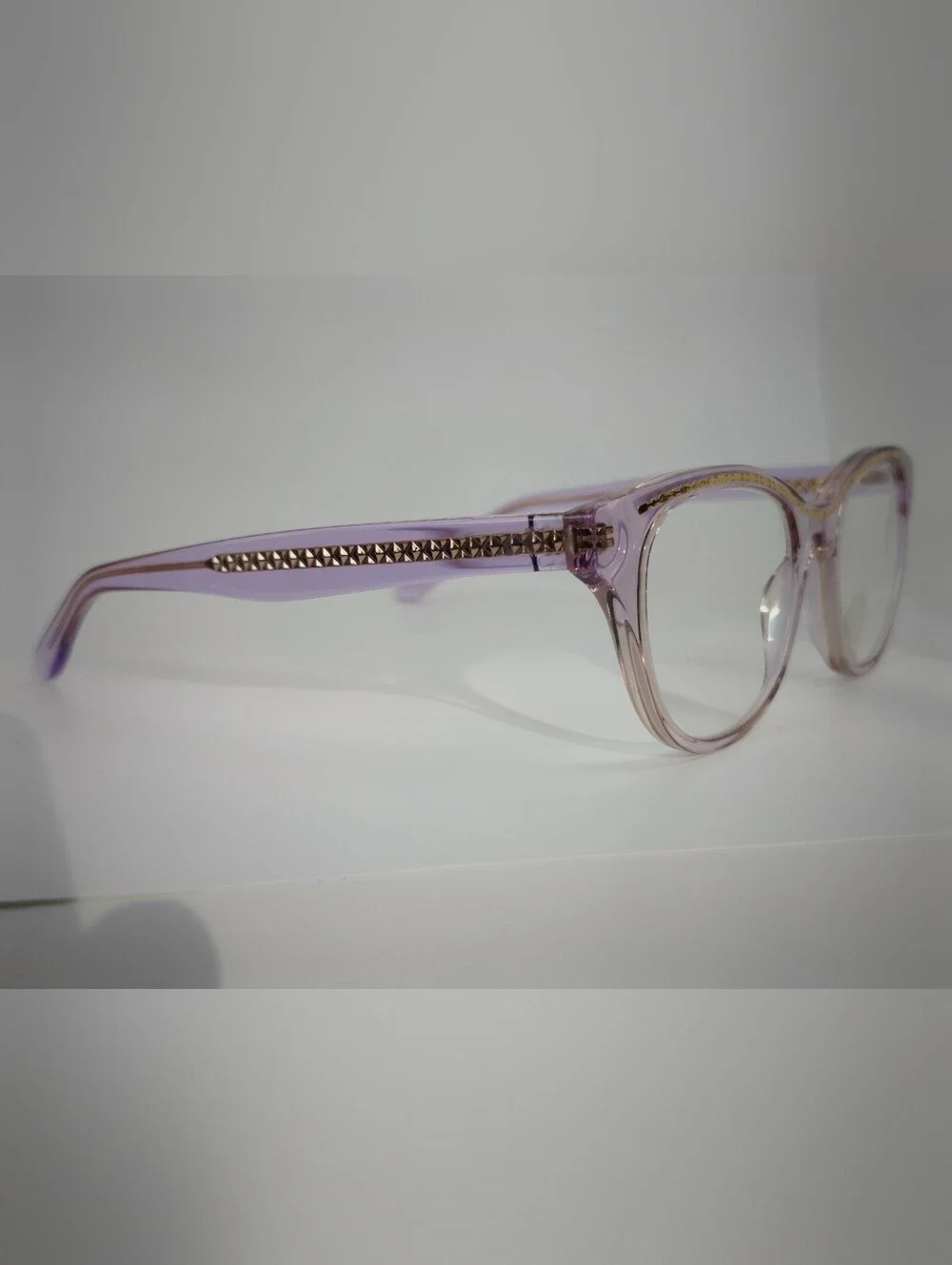 Arcady. Women's Fashion Eyeglasses - Light Lavender Frame Gold Inserts.